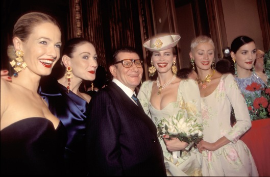 Wedding-dress-clad Claudia Schiffer and a glamorous Carla Bruni with YSL after his SpringSummer 97 couture presentation